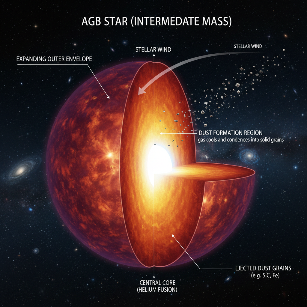 Diagrama científico detalhando como estrelas da Ramo Gigante Assintótico (AGB) ejetam suas camadas externas, formando poeira cósmica rica em elementos como carbeto de silício e ferro, mesmo em ambientes de baixa metalicidade.
