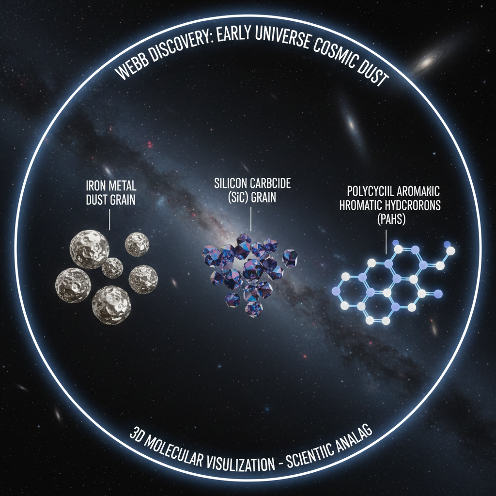 Infográfico dos tipos inesperados de poeira cósmica detectados pelo Webb – poeira de ferro metálico, carbeto de silício e HAPs – revelando que o universo primitivo era mais engenhoso na formação de grãos sólidos.