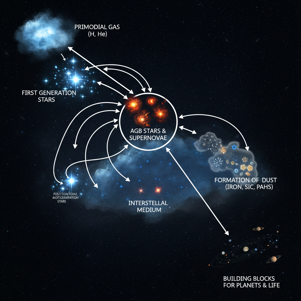 Diagrama do ciclo da poeira cósmica no universo primitivo, mostrando como estrelas de baixa metalicidade formaram grãos de poeira essenciais para a construção de planetas e a emergência da vida, reescrevendo nossa compreensão da alquimia cósmica.