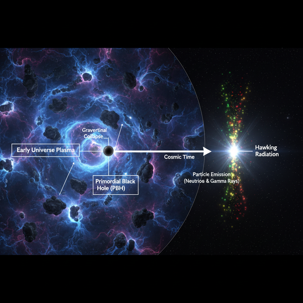 Este infográfico ilustra a formação de buracos negros primordiais no universo primordial e sua eventual evaporação através da Radiação Hawking, liberando partículas de alta energia como neutrinos e raios gama.
