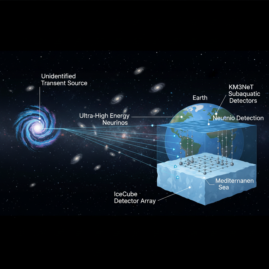Visualização da jornada de neutrinos de ultra-alta energia de uma fonte cósmica distante até sua detecção pelos observatórios IceCube e KM3NeT na Terra, destacando a natureza evasiva dessas partículas.