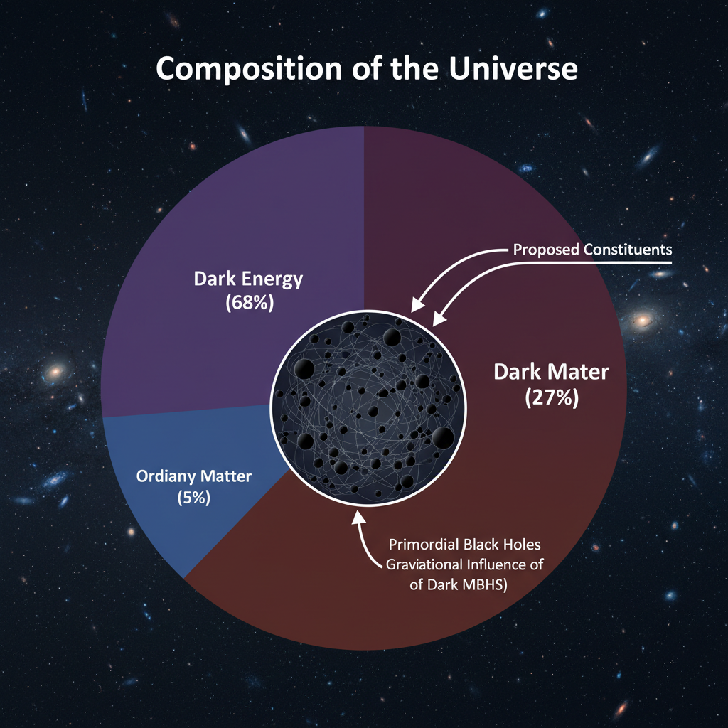 Este infográfico detalha a composição do universo, propondo que os Buracos Negros Primordiais (BNPs) podem ser os constituintes da enigmática matéria escura, que domina a massa do cosmos.