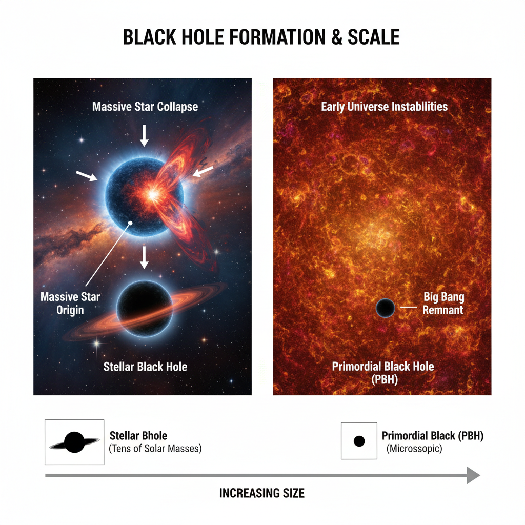 Infográfico comparativo entre um buraco negro estelar, formado pelo colapso de uma estrela massiva, e um buraco negro primordial, uma relíquia microscópica do universo recém-nascido, destacando suas origens e escalas distintas.
