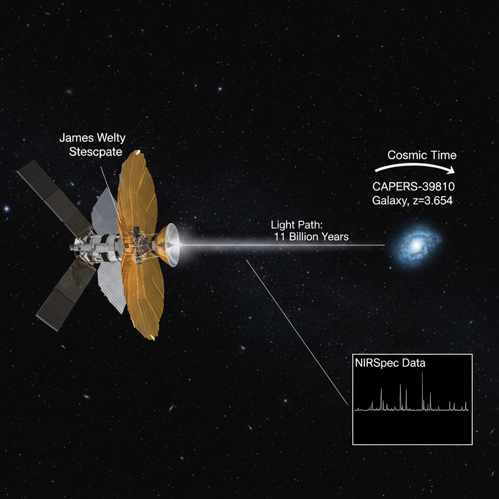 O Telescópio Espacial James Webb (JWST) atua como uma máquina do tempo, capturando a luz de galáxias distantes como CAPERS-39810, revelando o universo em sua infância.