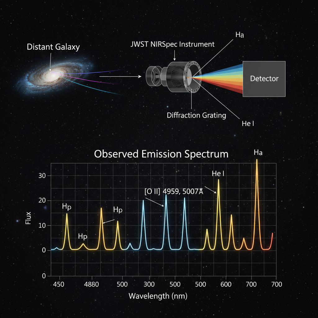 A espectroscopia de emissão, realizada pelo JWST NIRSpec, permite aos astrônomos analisar a composição química de galáxias distantes, identificando elementos através de suas linhas espectrais características.