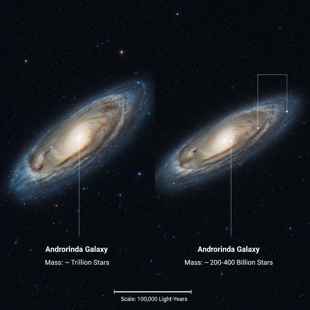 Um infográfico comparativo revela a estrutura espiral e a massa significativamente maior da Galáxia de Andrômeda em relação à nossa Via Láctea, destacando sua importância para o estudo da formação galáctica.