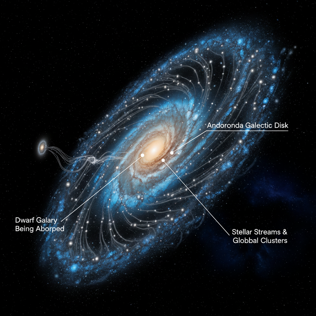 Esta imagem ilustra as 'cicatrizes' de fusões passadas na Galáxia de Andrômeda, com correntes estelares e aglomerados globulares no seu halo, evidenciando como galáxias crescem ao absorverem outras menores.