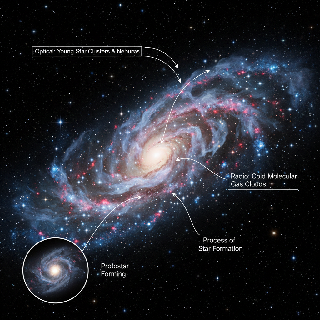 Um infográfico detalha os berçários estelares de Andrômeda, combinando observações ópticas de estrelas jovens com dados de radioastronomia que revelam as nuvens de gás molecular frio, o combustível da formação estelar.