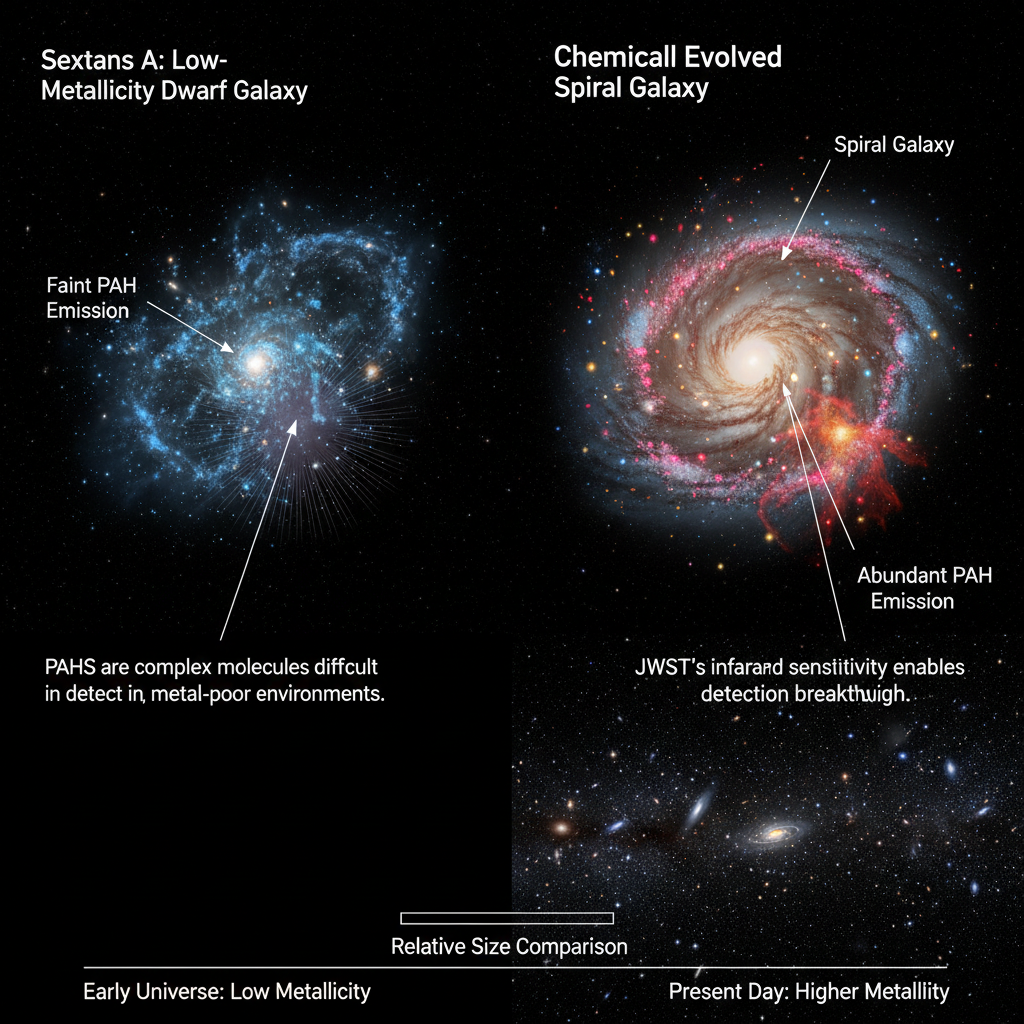 O infográfico contrasta galáxias de baixa metalicidade, como Sextans A, com galáxias espirais mais evoluídas, ilustrando a dificuldade histórica de detectar HAPs em ambientes primitivos e a recente detecção pelo JWST.