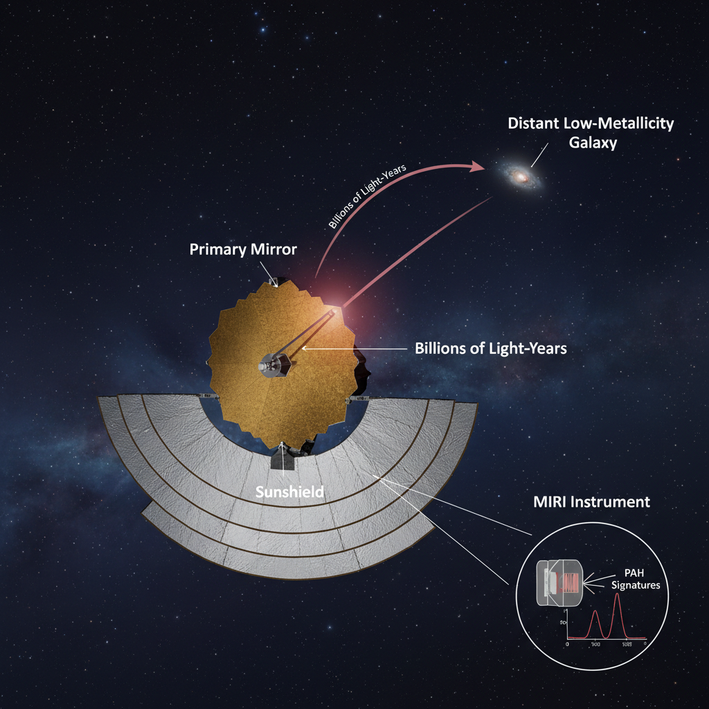 Esta imagem demonstra o papel crucial do Telescópio Espacial James Webb (JWST) e seu instrumento MIRI na detecção de HAPs em galáxias distantes de baixa metalicidade, revelando a química orgânica do universo primordial.