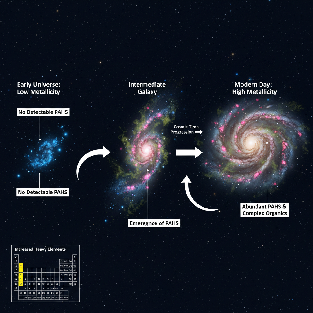 O infográfico traça a evolução química das galáxias ao longo do tempo cósmico, mostrando como a presença e a abundância de HAPs aumentam com a metalicidade e a formação estelar, desde o universo primitivo até as galáxias modernas.