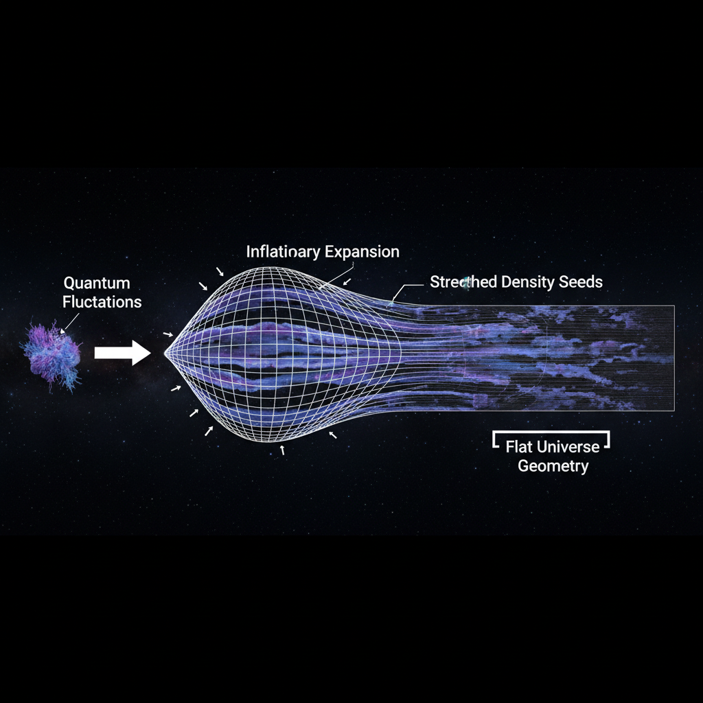 Diagrama explicativo da inflação cósmica, mostrando como as minúsculas flutuações quânticas foram esticadas e transformadas nas sementes de densidade que originaram as galáxias.
