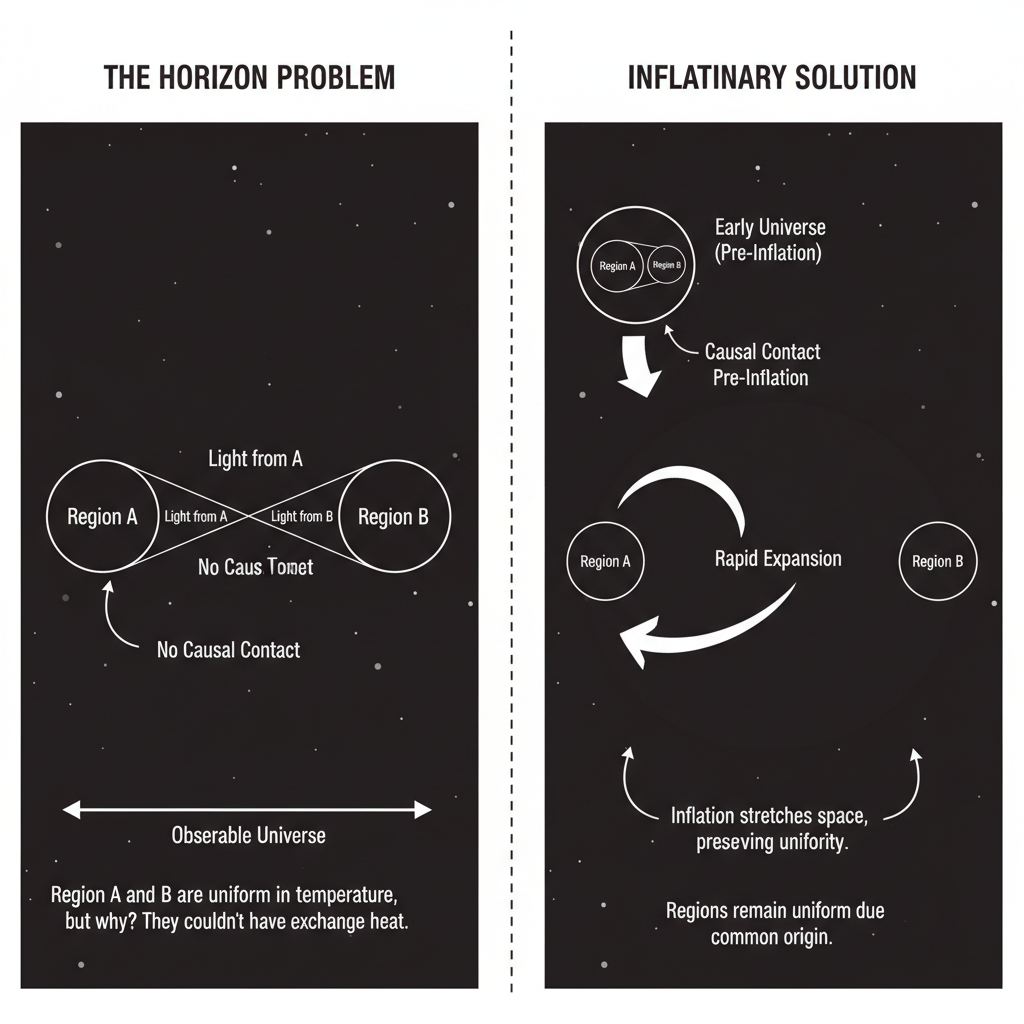 Infográfico que ilustra o 'Problema do Horizonte', onde regiões distantes do universo são uniformes, e como a teoria da inflação cósmica oferece uma solução para essa uniformidade.