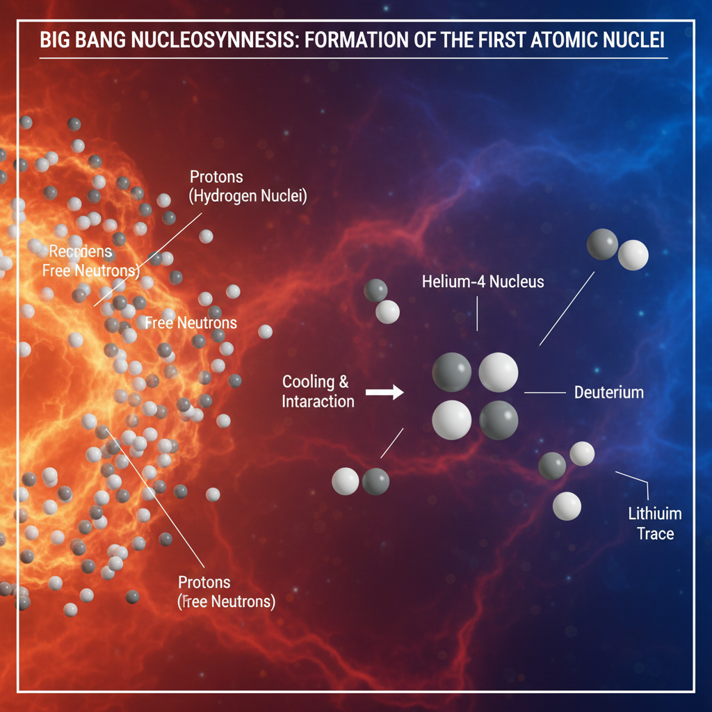Visualização da nucleossíntese do Big Bang, o processo crucial onde os primeiros núcleos de hidrogênio e hélio se formaram a partir de prótons e nêutrons no universo primordial.