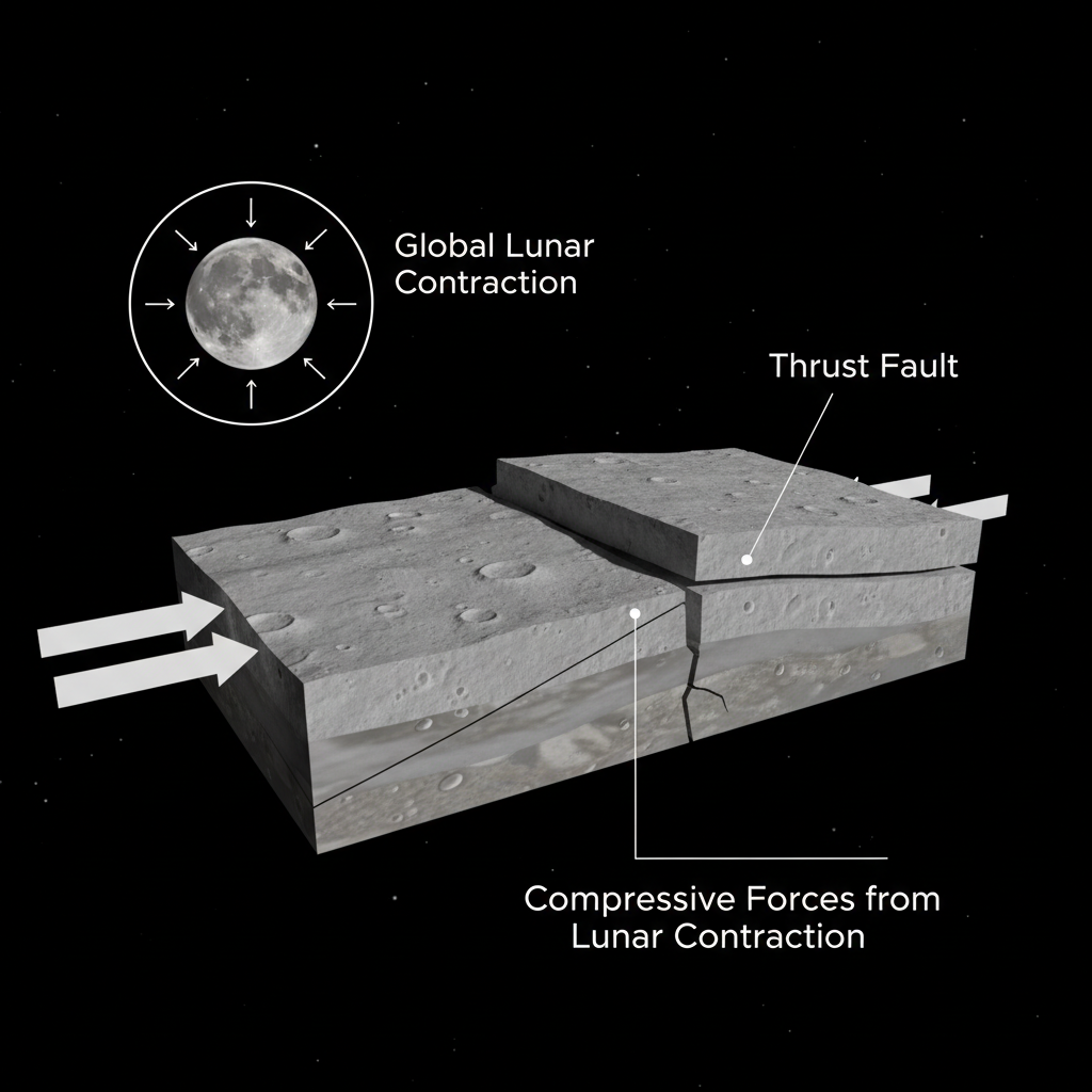 Este infográfico demonstra como as falhas de empurrão, como a Lee-Lincoln, se formam na Lua devido à contração global do satélite, liberando tensões na crosta.