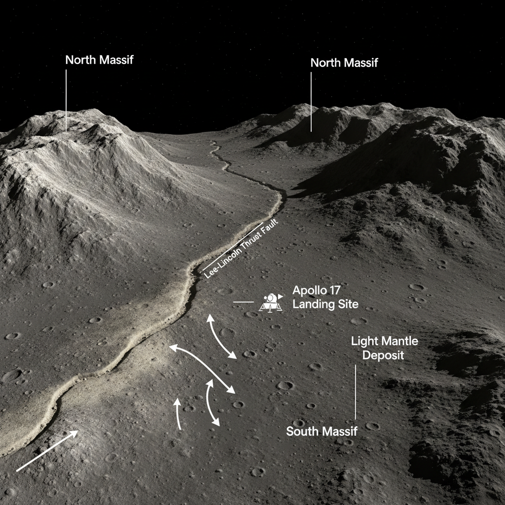 Uma visão aérea do Vale Taurus-Littrow, local de pouso da Apollo 17, destaca a falha de empurrão Lee-Lincoln e o 'manto claro', evidências de antigos deslizamentos de terra lunares.