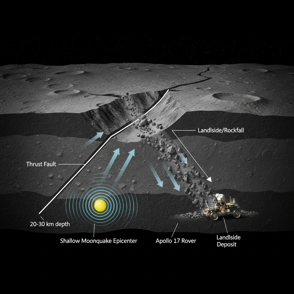 Este infográfico demonstra a ligação crucial entre os tremores lunares rasos, originados em falhas de empurrão, e os deslizamentos de terra observados na superfície lunar.