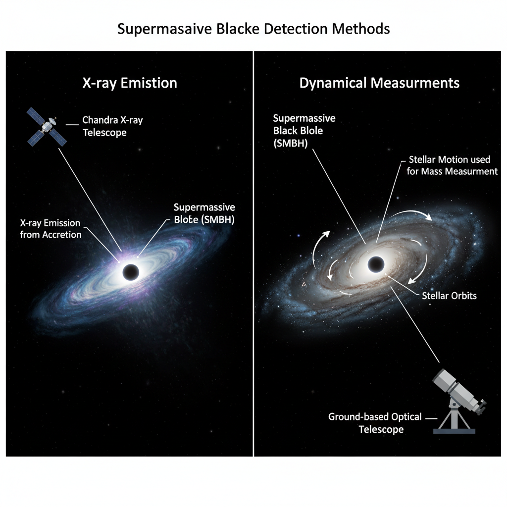 Este infográfico detalha as duas principais abordagens para detectar buracos negros supermassivos: a emissão de raios-X de material em acreção, eficaz para buracos negros ativos em galáxias distantes, e a medição dinâmica do movimento estelar, usada para buracos negros próximos e quiescentes.