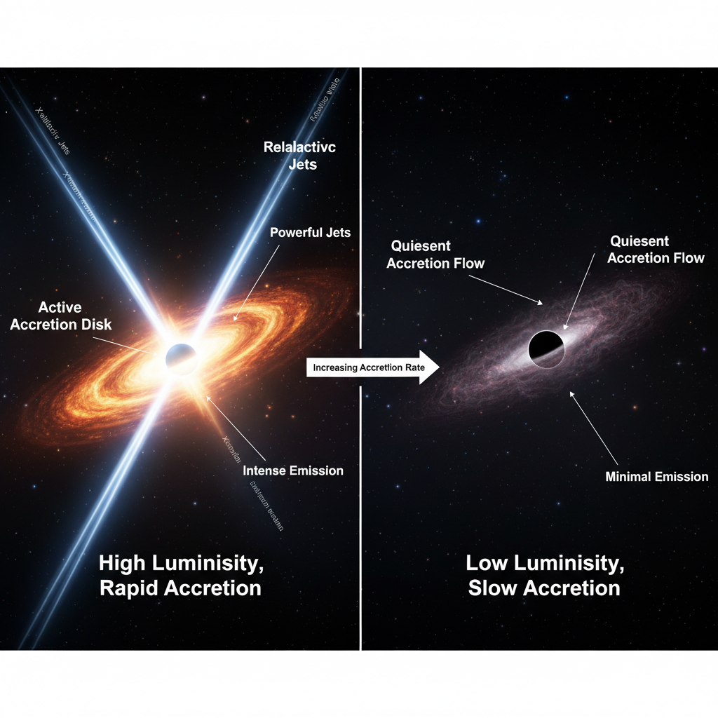 Este infográfico ilustra a diferença crucial entre um buraco negro supermassivo ativo (AGN), que brilha intensamente ao devorar matéria, e um buraco negro quiescente, que acreta material lentamente e é muito mais difícil de detectar.