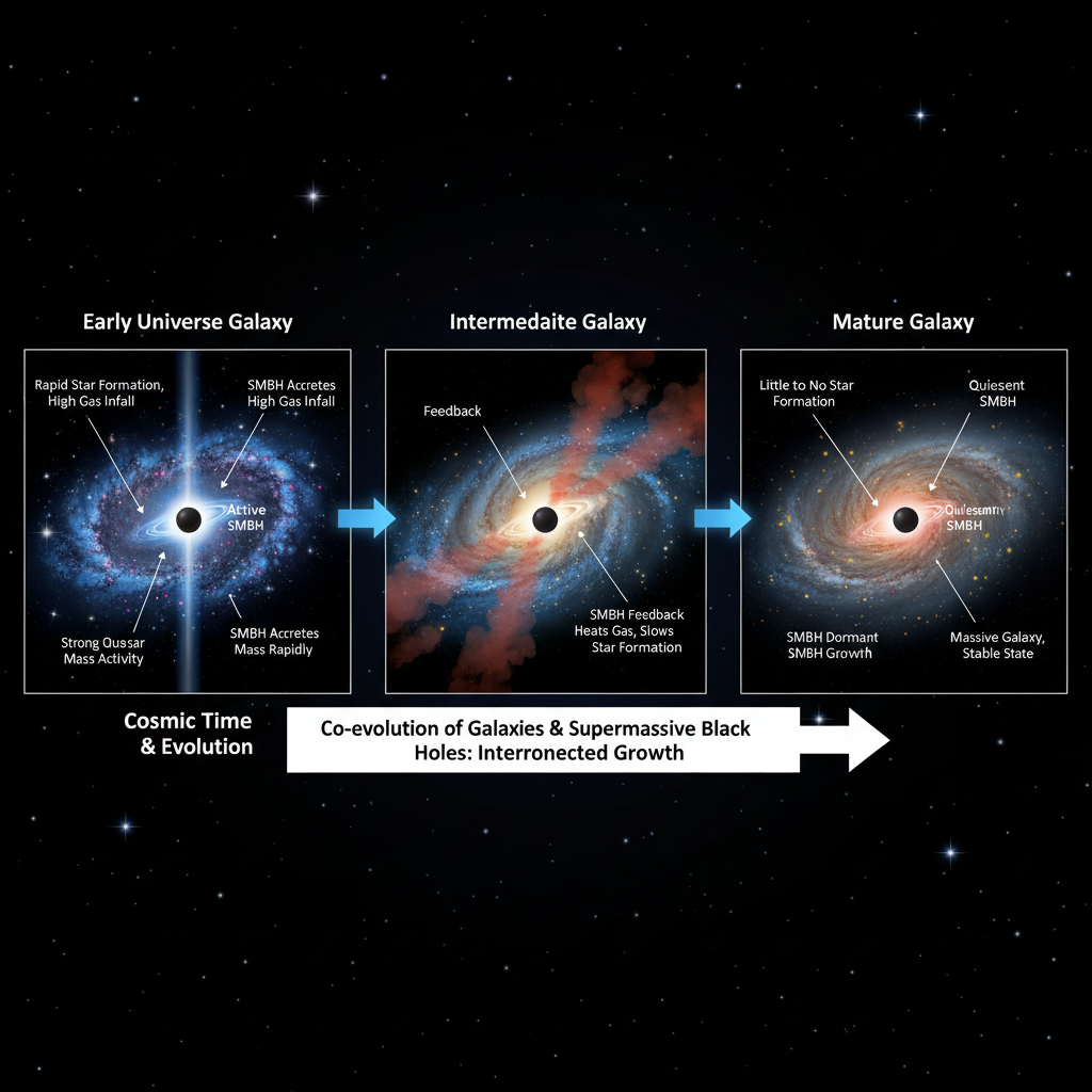 Este infográfico visualiza a co-evolução de galáxias e seus buracos negros supermassivos ao longo do tempo cósmico, mostrando como a atividade do buraco negro e o crescimento da galáxia estão intrinsecamente ligados desde o universo primordial até as galáxias maduras.