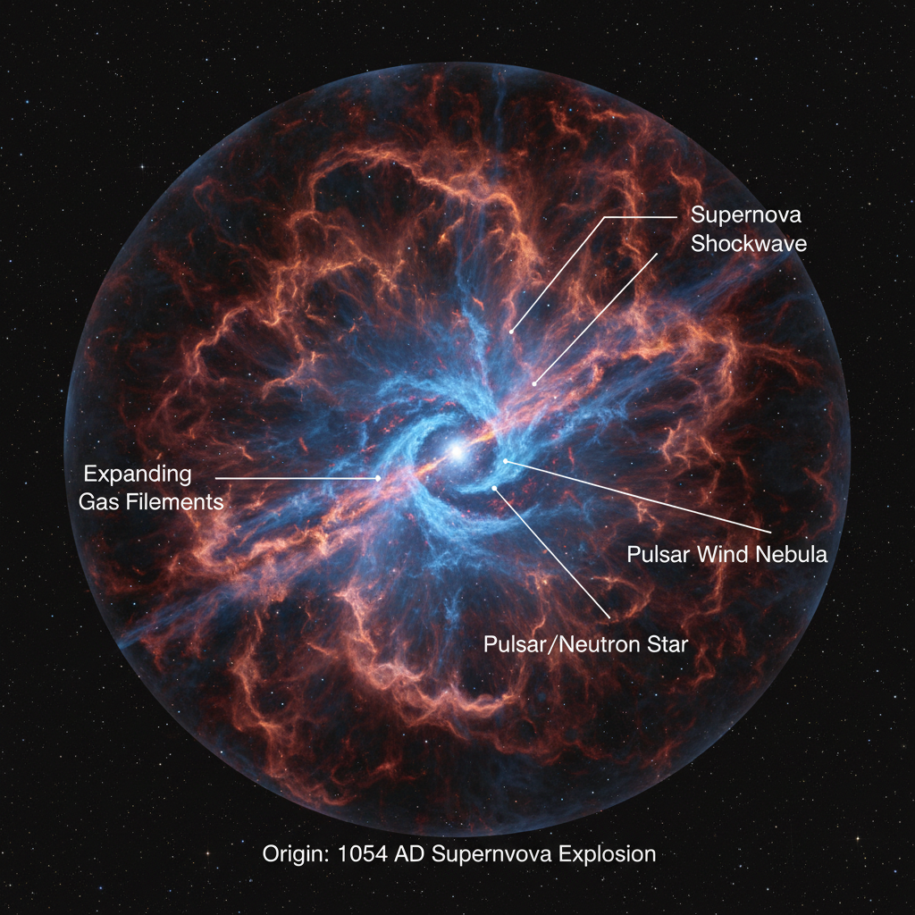 A Nebulosa do Caranguejo, remanescente da supernova de 1054, é um exemplo vívido de como a explosão estelar e o pulsar central moldam o meio interestelar com filamentos de gás e poeira em expansão.