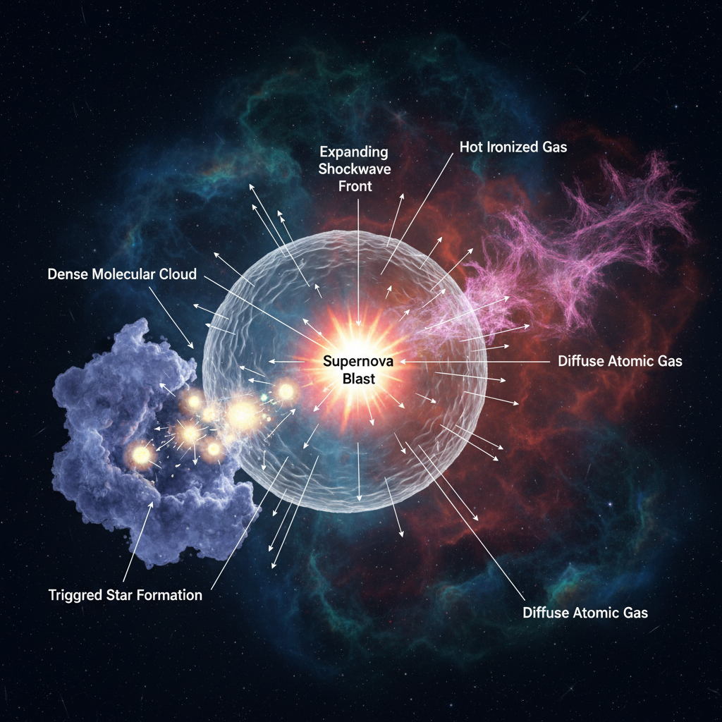 Este infográfico demonstra como a onda de choque de uma supernova interage com o meio interestelar, comprimindo o gás e a poeira e potencialmente desencadeando a formação de novas estrelas.