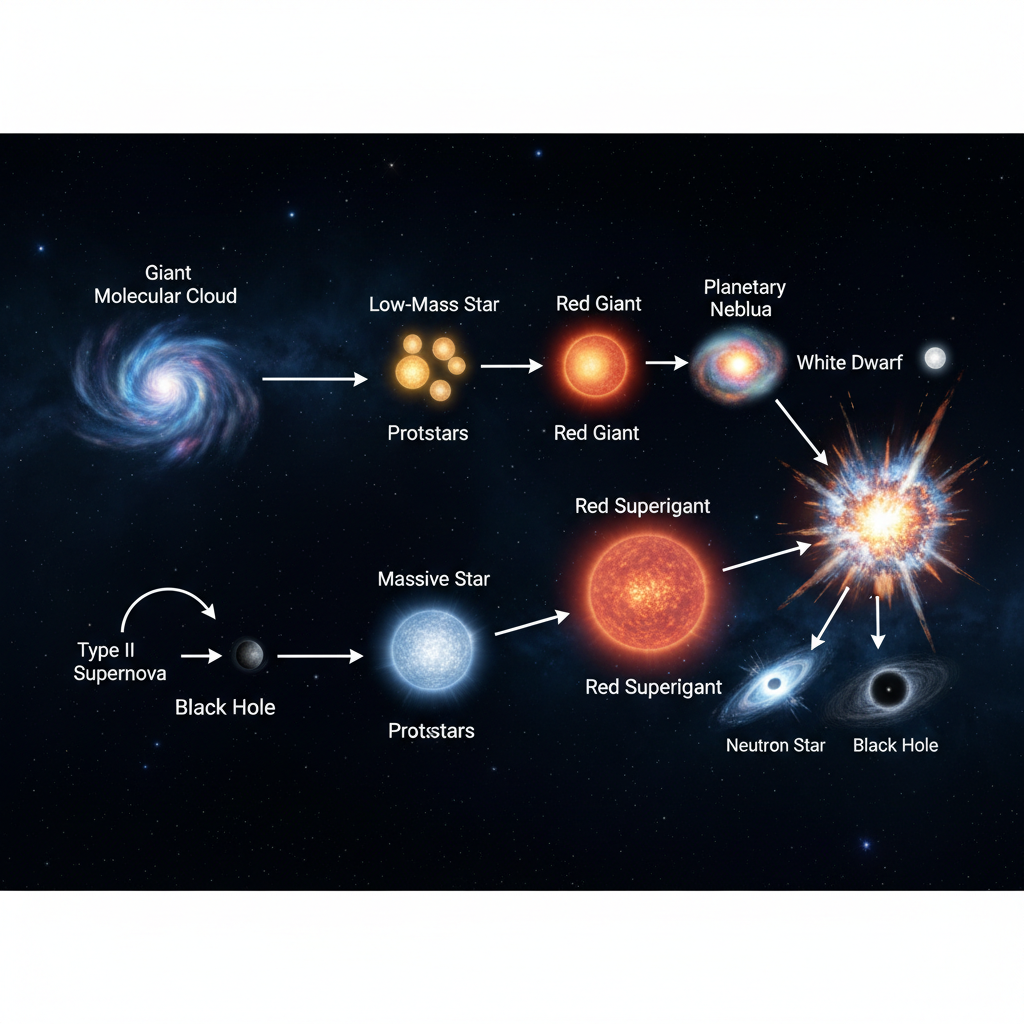 Este infográfico ilustra o ciclo de vida estelar, destacando as diferentes trajetórias que levam às supernovas, seja pelo colapso de estrelas massivas ou pela detonação de anãs brancas.