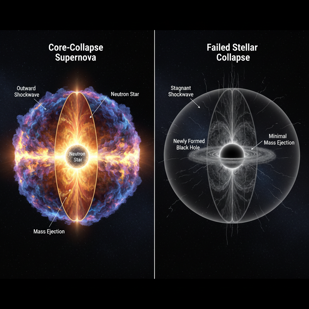 Comparação visual entre o colapso estelar falho, que forma um buraco negro com pouca ou nenhuma explosão, e uma supernova de colapso de núcleo, que ejeta material violentamente.
