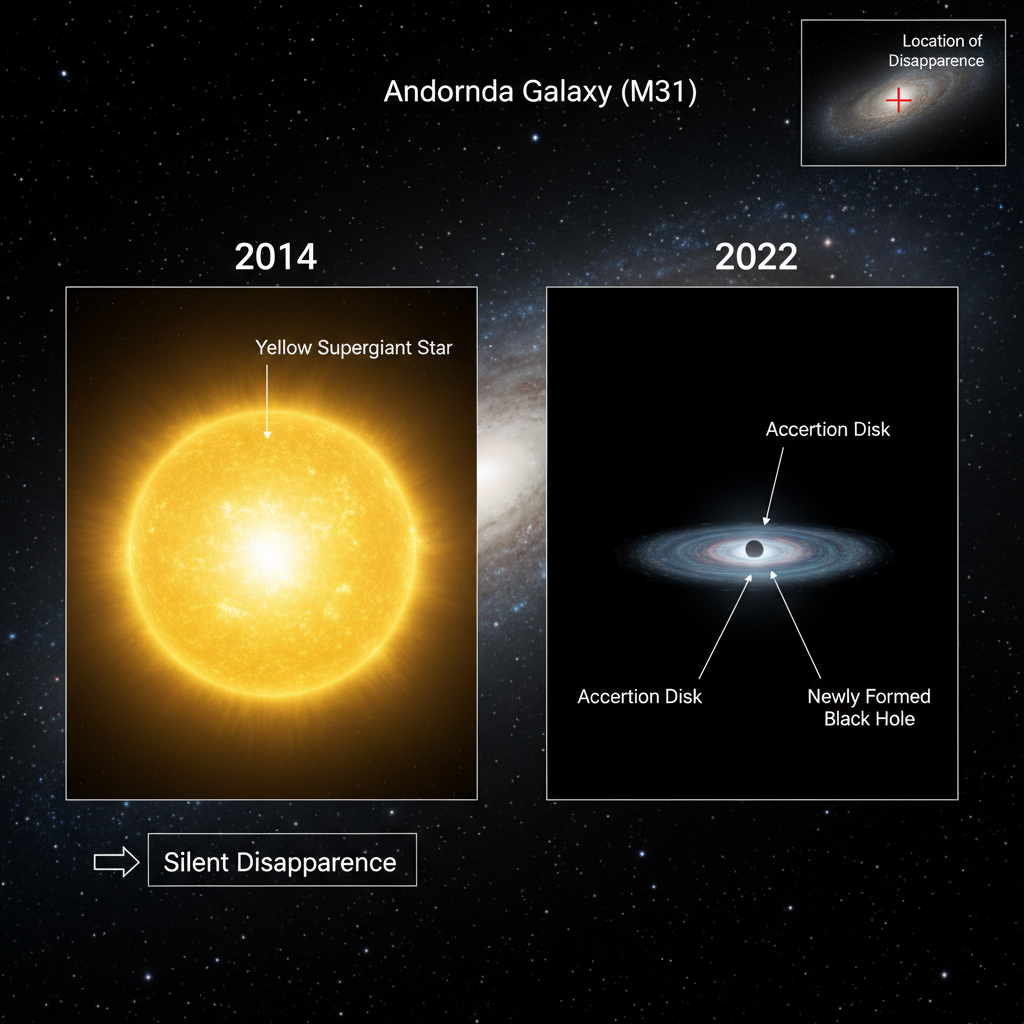 Este infográfico visualiza o evento de 2014-2022 na Galáxia de Andrômeda, onde a supergigante amarela M31-2014-DS1 desapareceu, indicando a formação silenciosa de um buraco negro.