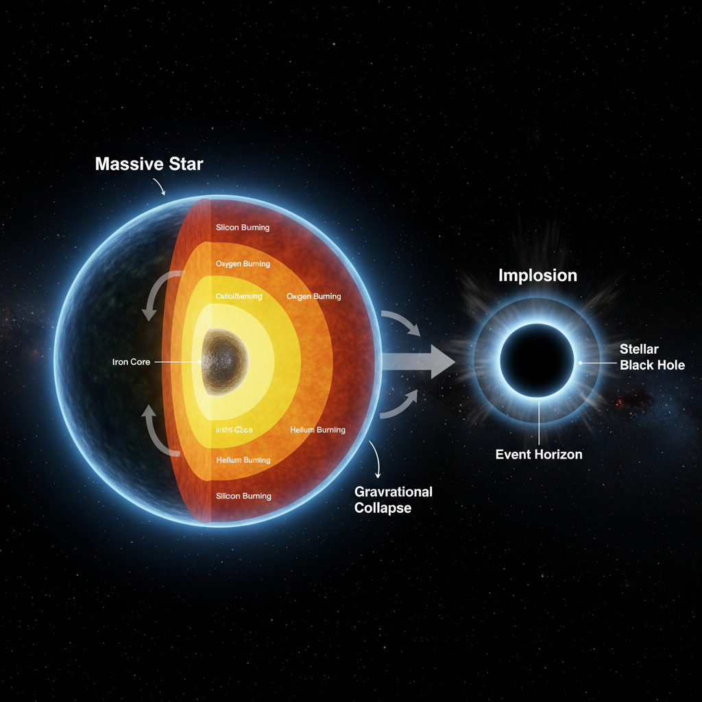 Um corte transversal detalhado de uma estrela massiva revela as camadas de fusão nuclear que precedem o colapso do núcleo de ferro, levando à formação de um buraco negro estelar.