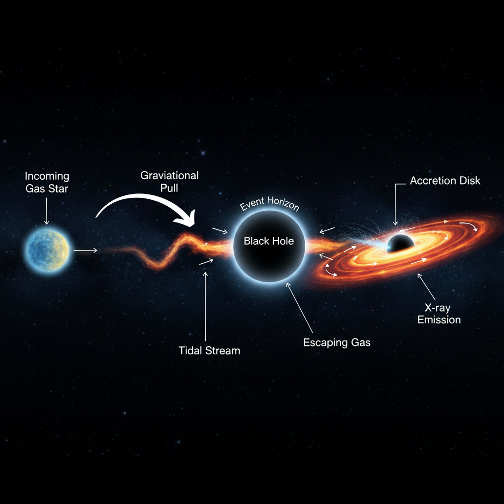 Visualização do processo de espaguetificação, onde uma estrela gasosa é esticada e desmembrada pela intensa gravidade de um buraco negro. A matéria estelar forma um fluxo alongado que eventualmente se espirala em um disco de acreção, emitindo raios-X.