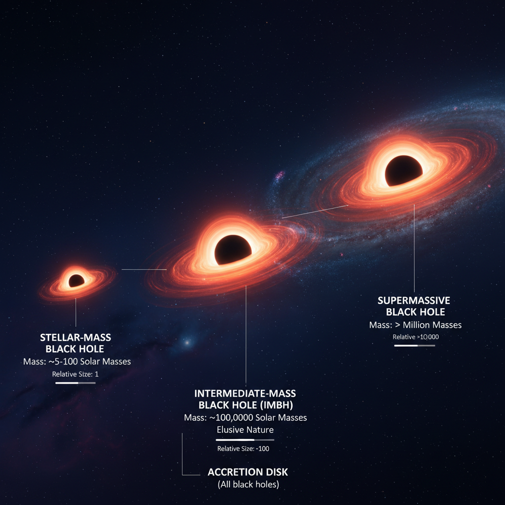 Este infográfico compara os três tipos de buracos negros baseados em sua massa: de massa estelar, de massa intermediária (IMBHs) e supermassivos. A detecção de TDEs de anãs brancas é crucial para a compreensão dos IMBHs, os mais difíceis de observar.