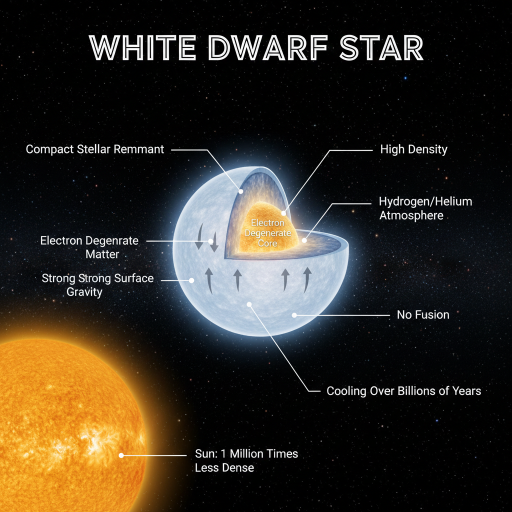 Uma anã branca é o denso remanescente de uma estrela como o Sol, após esgotar seu combustível nuclear. Com um tamanho comparável ao da Terra, mas com massa estelar, sua extrema densidade a torna um objeto robusto, difícil de ser desfeito por forças gravitacionais.