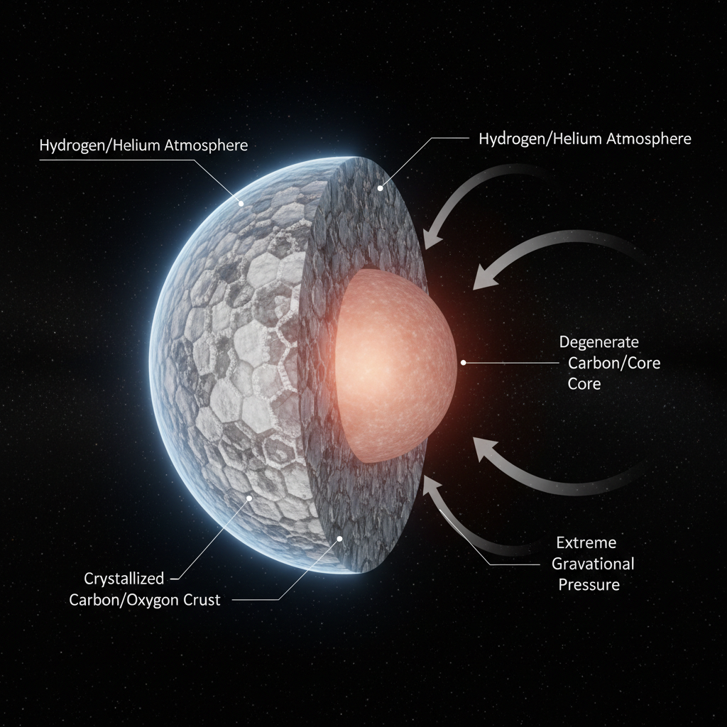 Infográfico detalhando a estrutura interna de uma anã branca, um remanescente estelar denso e robusto, composto principalmente por um núcleo degenerado de carbono e oxigênio e uma crosta cristalizada.