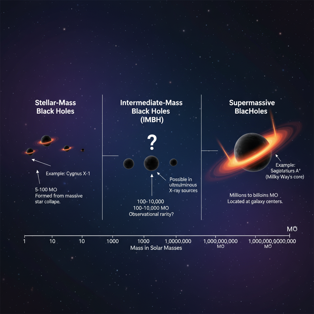 Este infográfico compara as três classes de buracos negros – estelares, de massa intermediária e supermassivos – destacando a faixa de massa e a natureza elusiva dos IMBHs, que são o foco da nova descoberta.