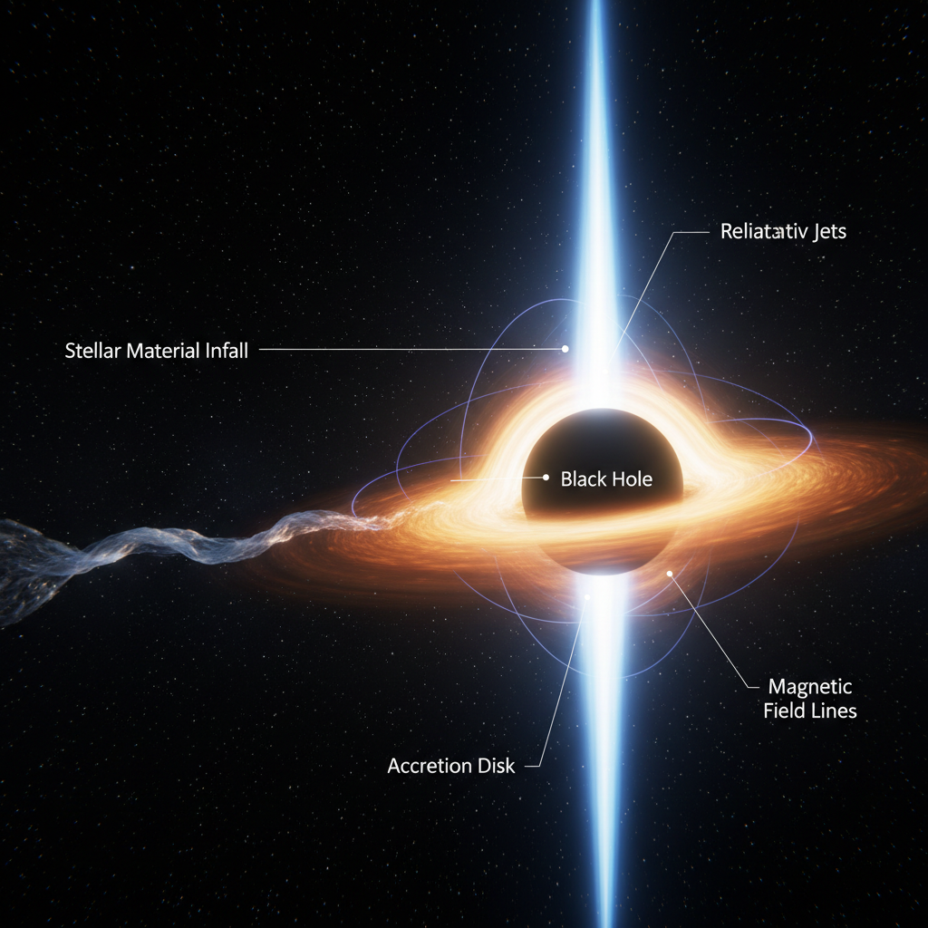 Representação visual da formação de jatos relativísticos durante um Evento de Disrupção de Maré, onde material estelar é acelerado e expelido a velocidades próximas à da luz pelos polos de um buraco negro.