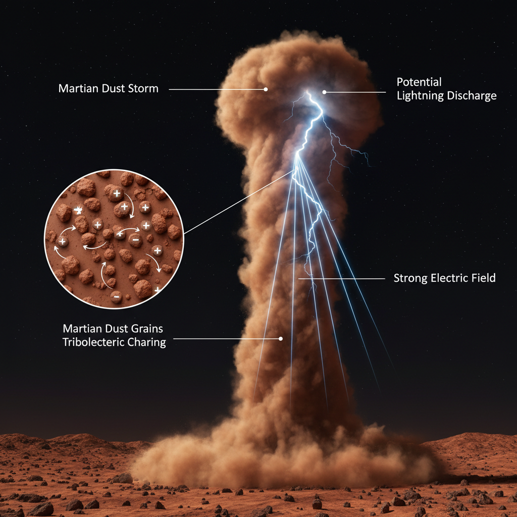 Este diagrama explica como a fricção e colisão de grãos de poeira marciana dentro de tempestades geram cargas eletrostáticas, criando um campo elétrico forte que pode levar a descargas elétricas, análogas aos relâmpagos terrestres.