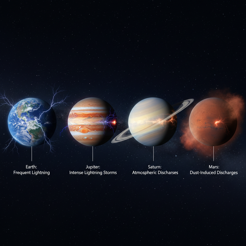 Este infográfico compara a ocorrência de relâmpagos em diferentes planetas do nosso sistema solar, destacando a descoberta de descargas elétricas em Marte, um fenômeno antes considerado improvável.