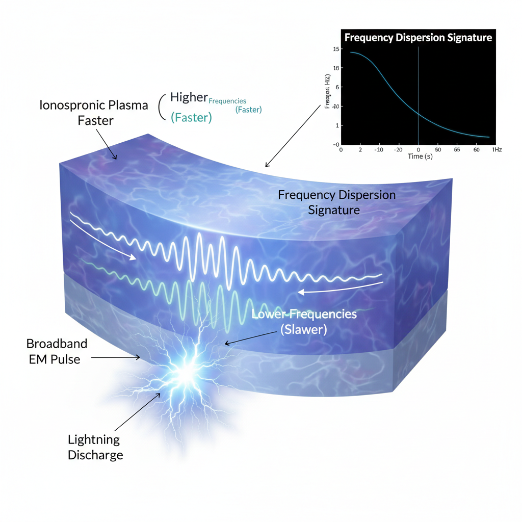 Este infográfico detalha o fenômeno das ondas 'whistler', explicando como um pulso eletromagnético de um relâmpago se dispersa em frequências diferentes ao viajar através do plasma ionosférico, criando uma assinatura única.