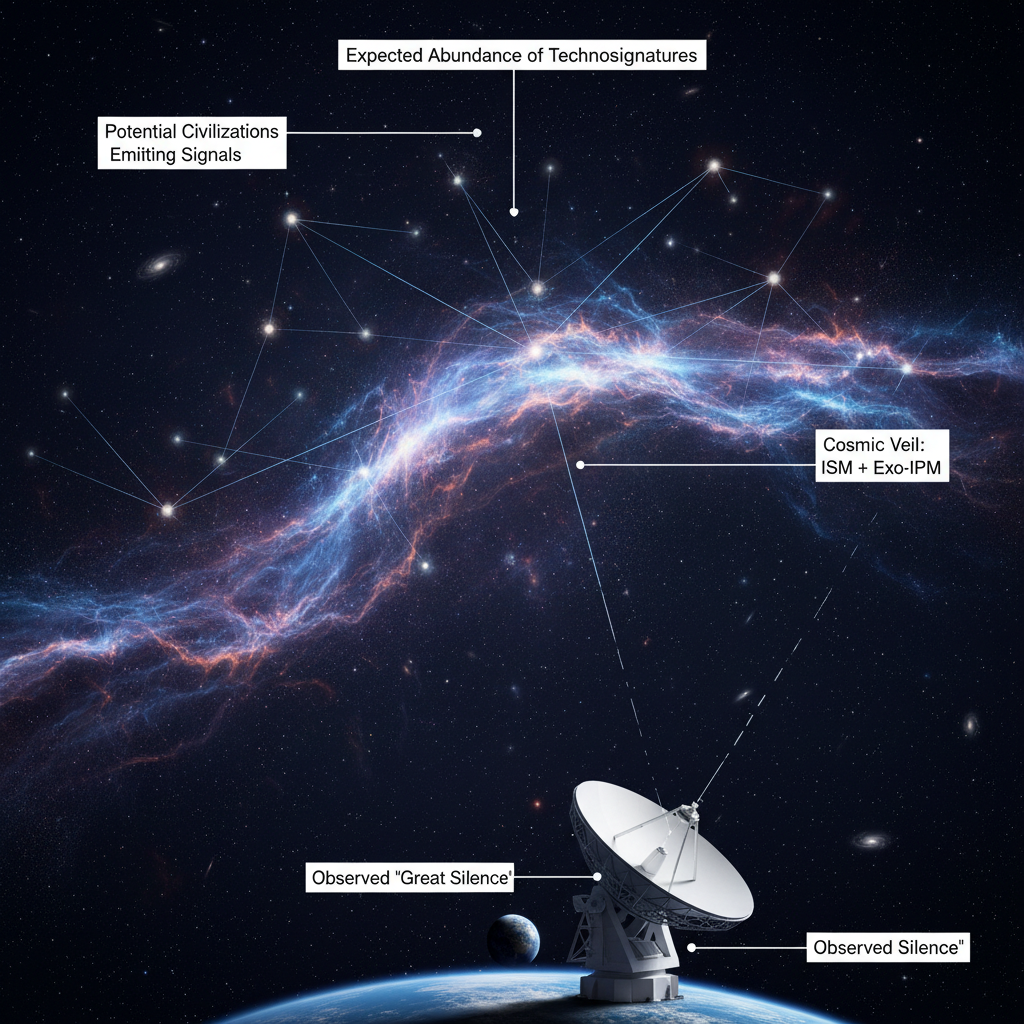 A 'Grande Quietude' é visualizada como um universo potencialmente repleto de civilizações, mas cujos sinais são abafados por um 'véu cósmico' formado pelo meio interestelar e interplanetário, dificultando a detecção por nossos radiotelescópios.