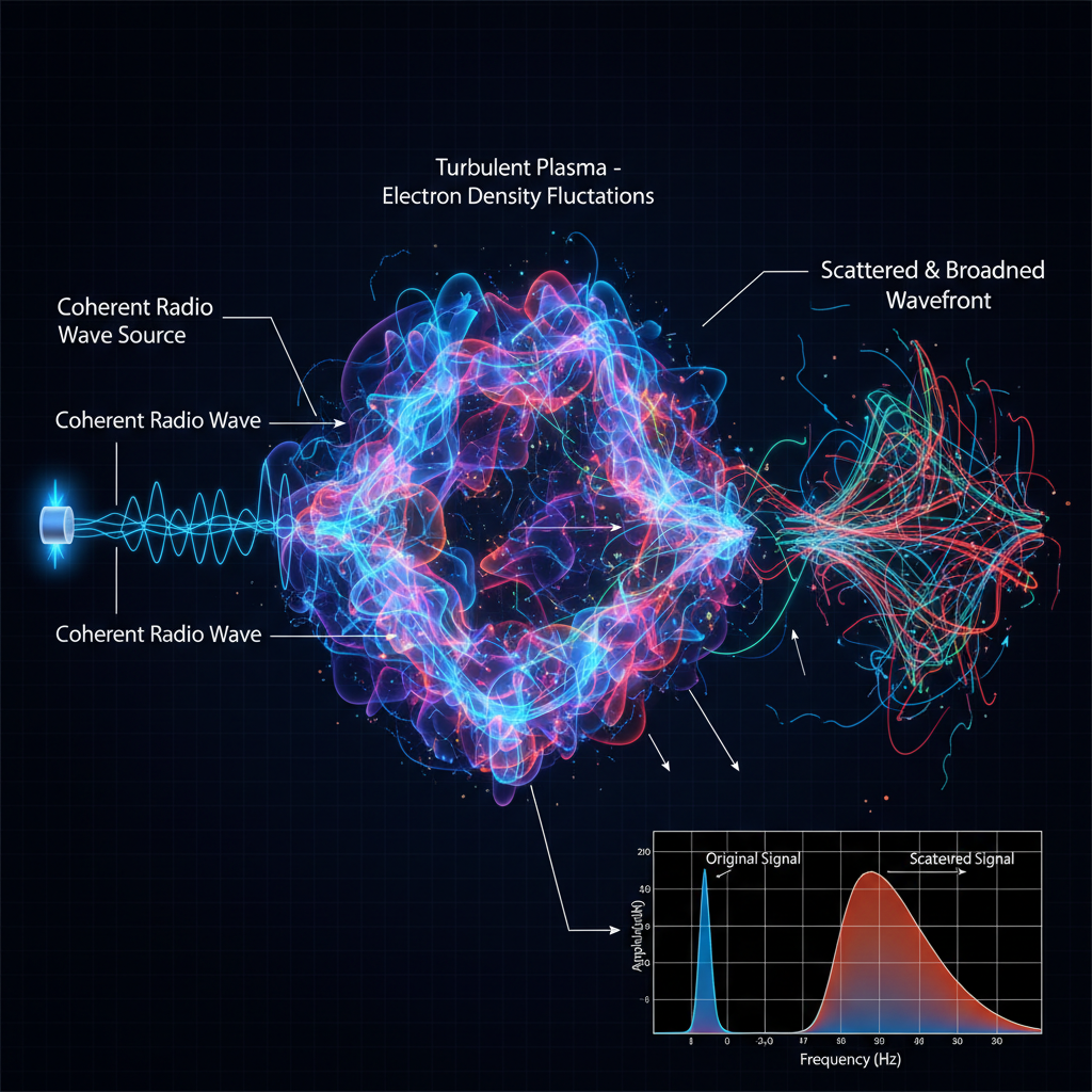 Este diagrama detalha como a turbulência no plasma, com suas flutuações na densidade de elétrons, refrata e espalha ondas de rádio, causando um alargamento espectral que pode mascarar sinais artificiais.