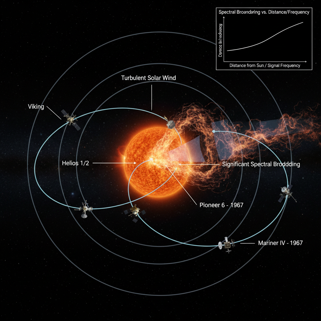 Um infográfico histórico que destaca missões espaciais como Mariner IV e Helios, que, ao transmitirem sinais através do vento solar, confirmaram a natureza turbulenta do meio interplanetário e seu impacto na propagação de ondas de rádio.