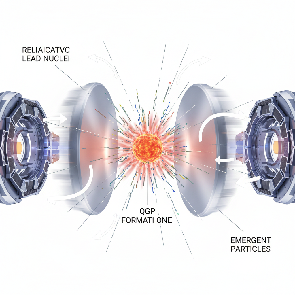 Infográfico mostrando a colisão de íons pesados, como núcleos de chumbo, em um acelerador de partículas, recriando as condições extremas para a formação do Plasma de Quarks e Glúons.