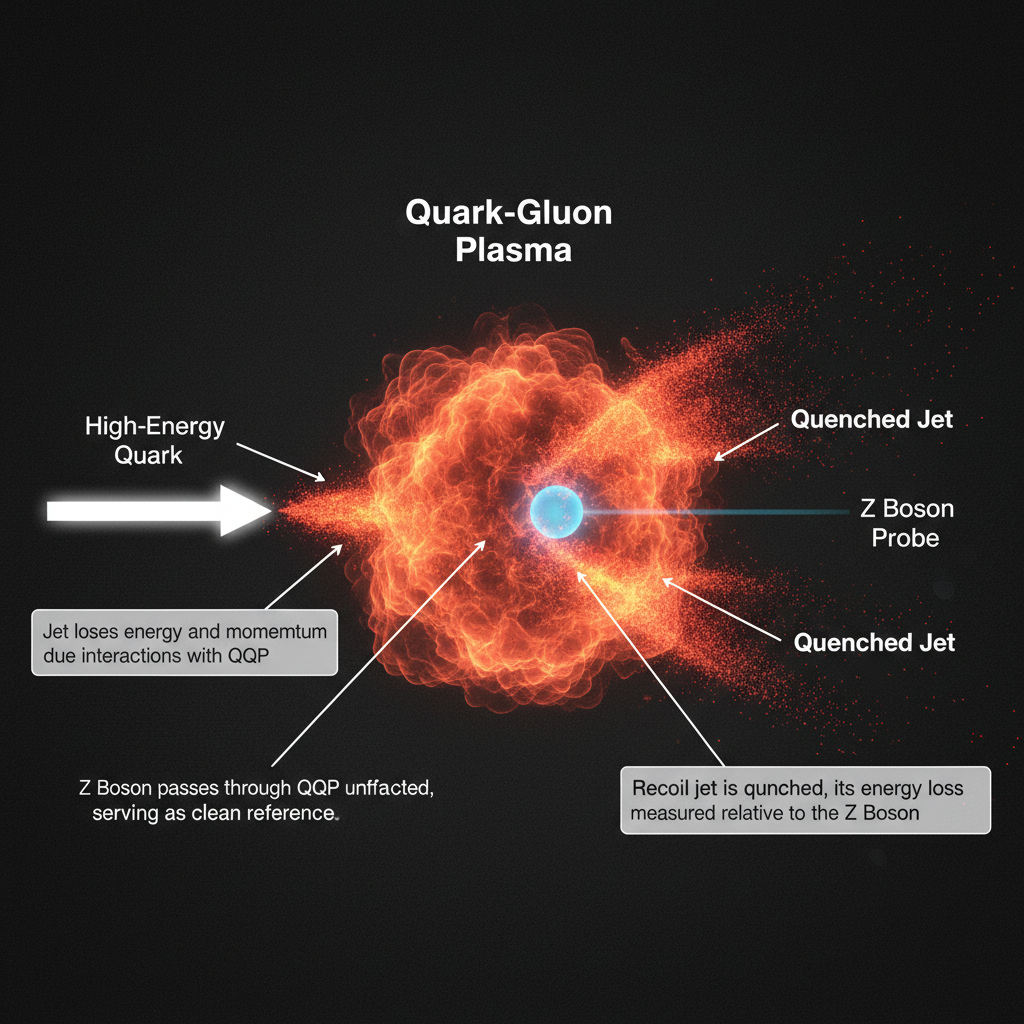 Diagrama explicando como os bósons Z atuam como sondas ideais para estudar o Plasma de Quarks e Glúons, enquanto os jatos de partículas perdem energia ao atravessá-lo, um fenômeno conhecido como 'jet quenching'.