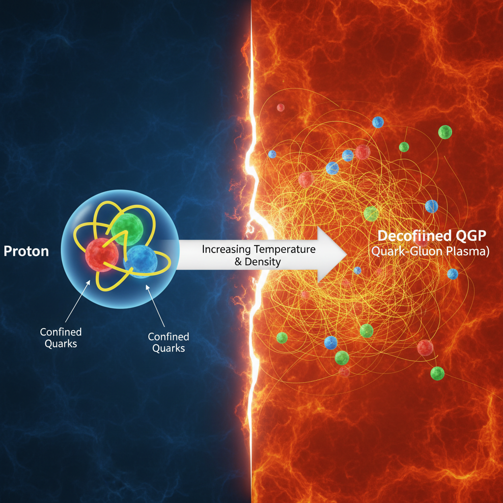Visualização da Cromodinâmica Quântica (QCD), mostrando o confinamento de quarks e glúons dentro de prótons em condições normais e seu estado de deconfinamento no Plasma de Quarks e Glúons.