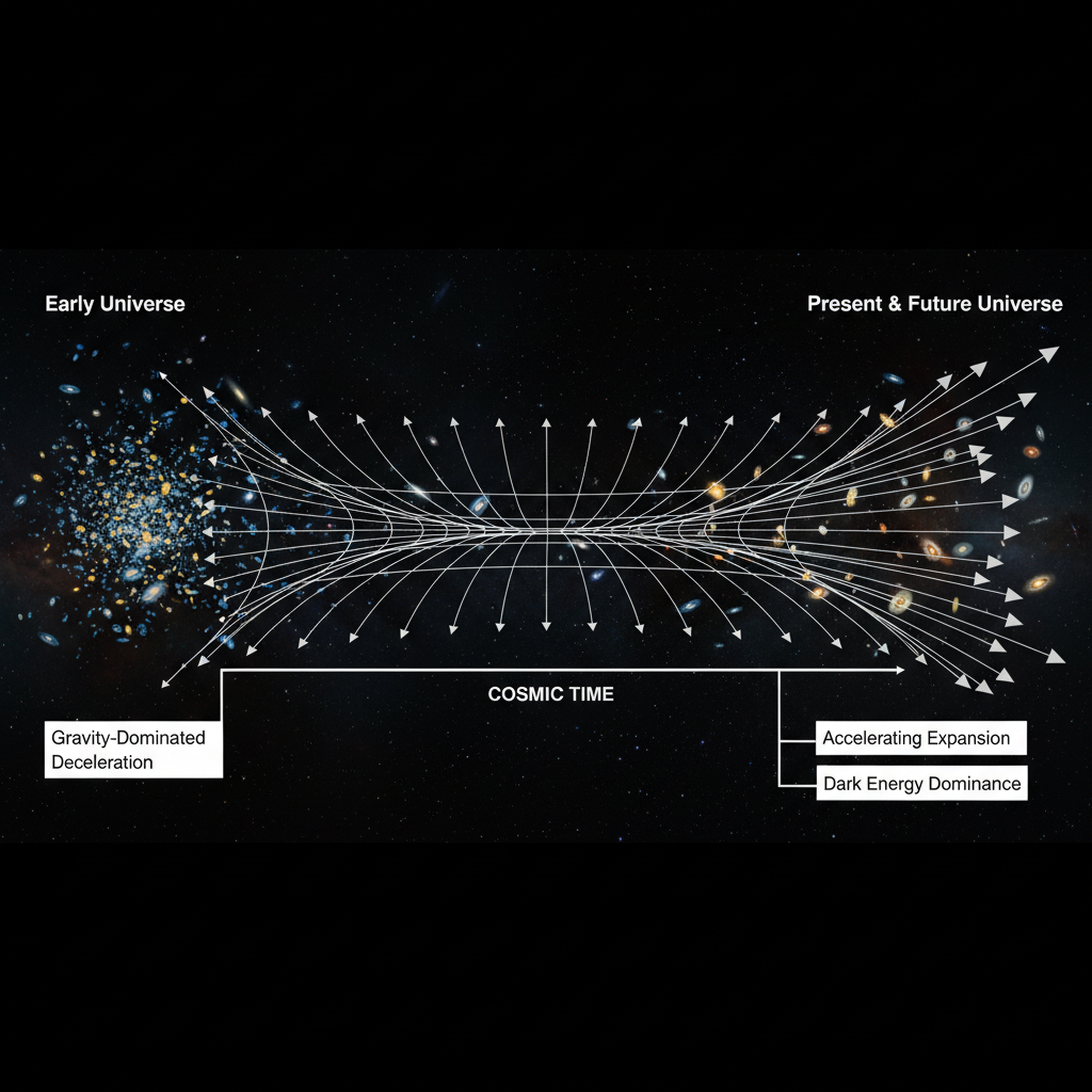 O infográfico demonstra a evolução da expansão cósmica, desde uma fase inicial de desaceleração gravitacional até a atual aceleração impulsionada pela energia escura, que afasta as galáxias cada vez mais rapidamente.