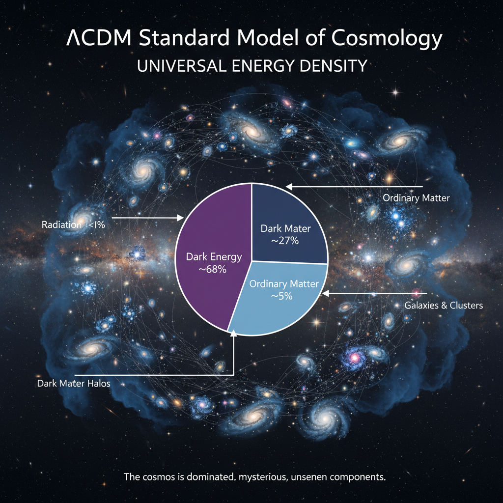 Este diagrama ilustra a composição do universo segundo o Modelo Padrão Lambda-CDM, revelando a predominância da energia escura e da matéria escura sobre a matéria ordinária que observamos.