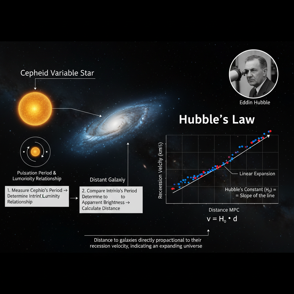 O infográfico detalha como Edwin Hubble utilizou estrelas Cefeidas para medir distâncias galácticas, estabelecendo a Lei de Hubble e confirmando a expansão do universo.