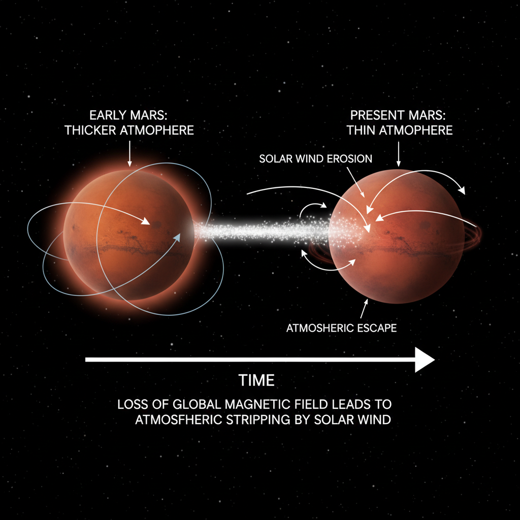 Este infográfico compara a atmosfera de Marte em seu passado distante com a atual, visualizando como o vento solar e a ausência de um campo magnético global levaram à perda atmosférica ao longo de bilhões de anos.