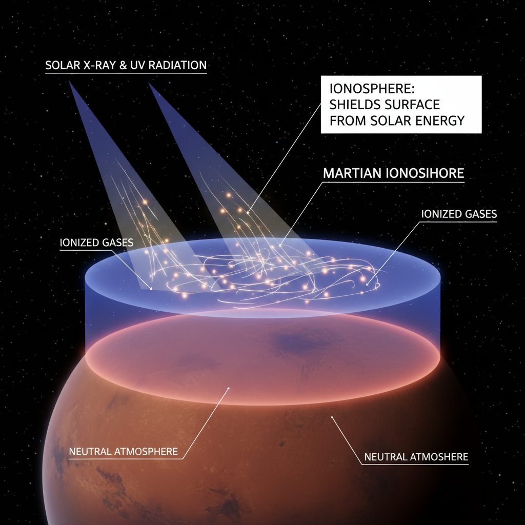 O infográfico explora a estrutura da ionosfera marciana, uma camada crítica da atmosfera superior onde a radiação solar ioniza gases, formando um plasma que atua como um amortecedor contra a energia solar.